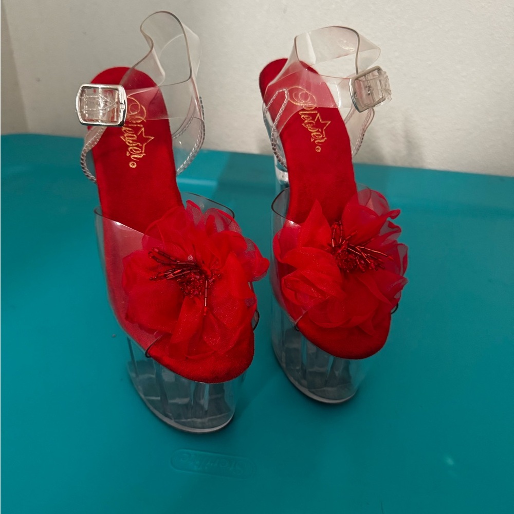 Pleaser Red Floral Clear Heels